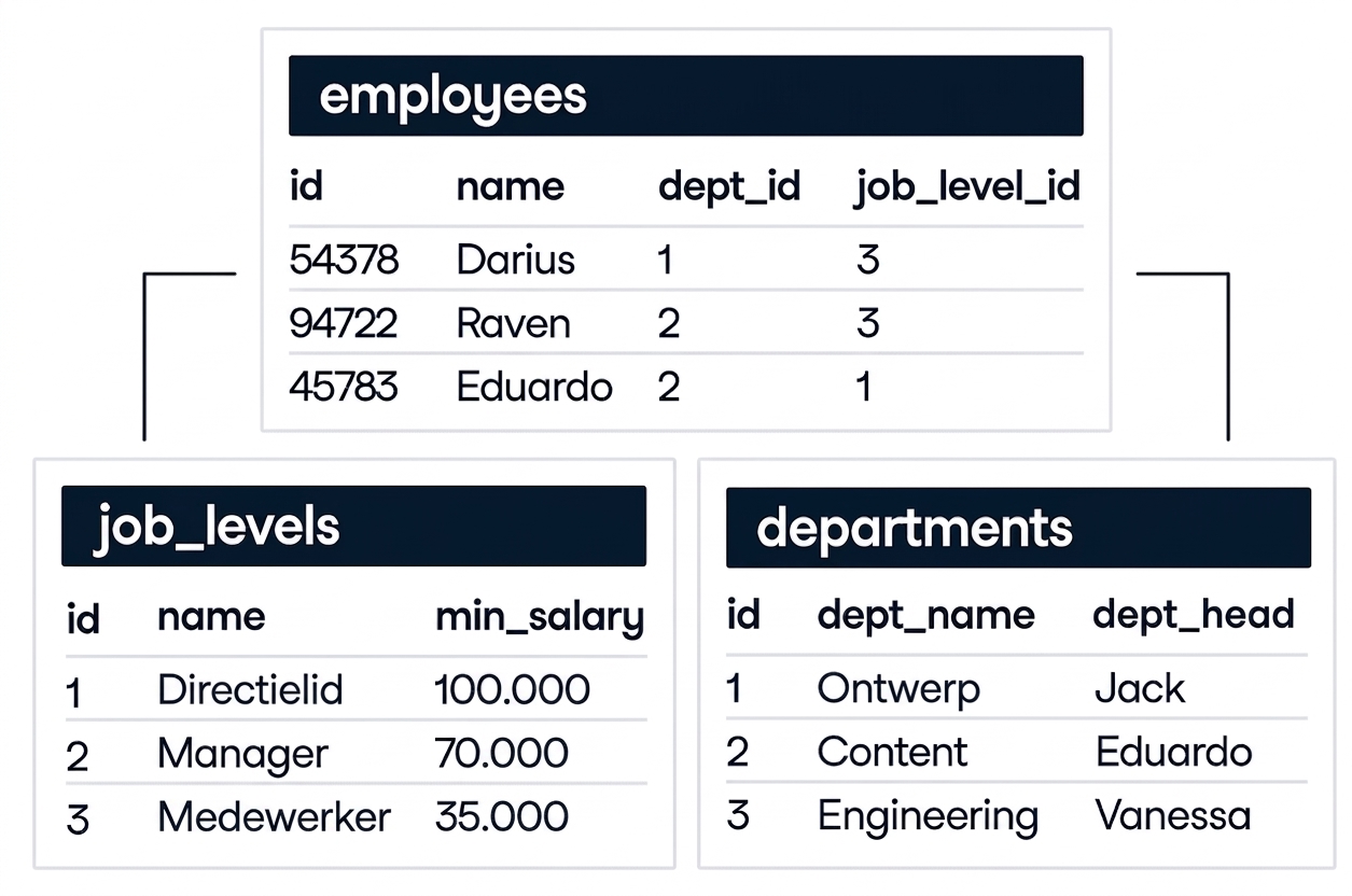 Een afbeelding met drie tabellen binnen een database. Eén tabel heet employees en toont een relatie met twee andere tabellen, job_levels en departments.
