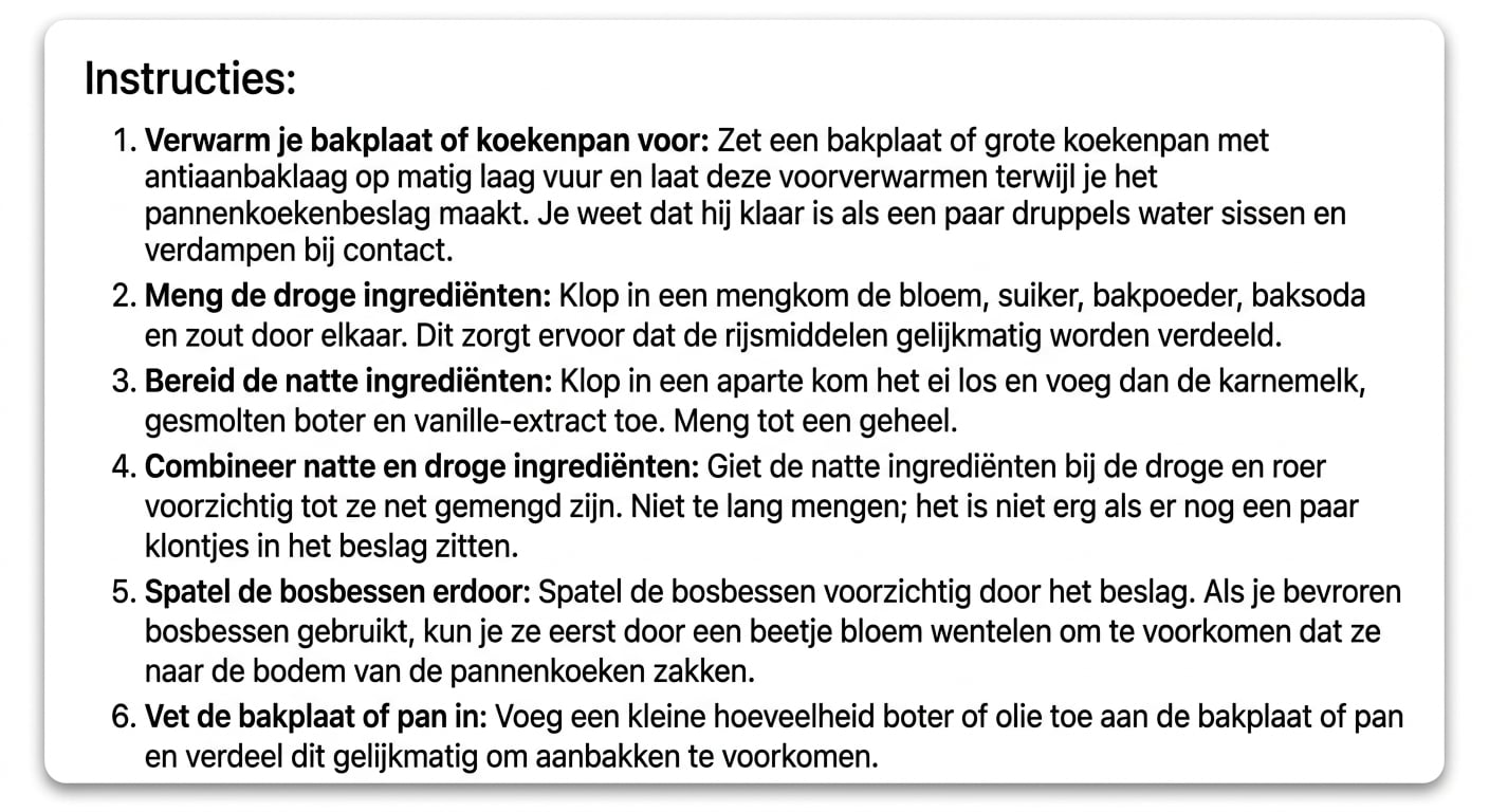 ChatGPT’s antwoord met de stappen voor de perfecte blauwebessenpannenkoek