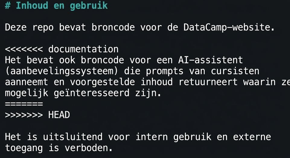 README-bestand met conflictsecties in nano