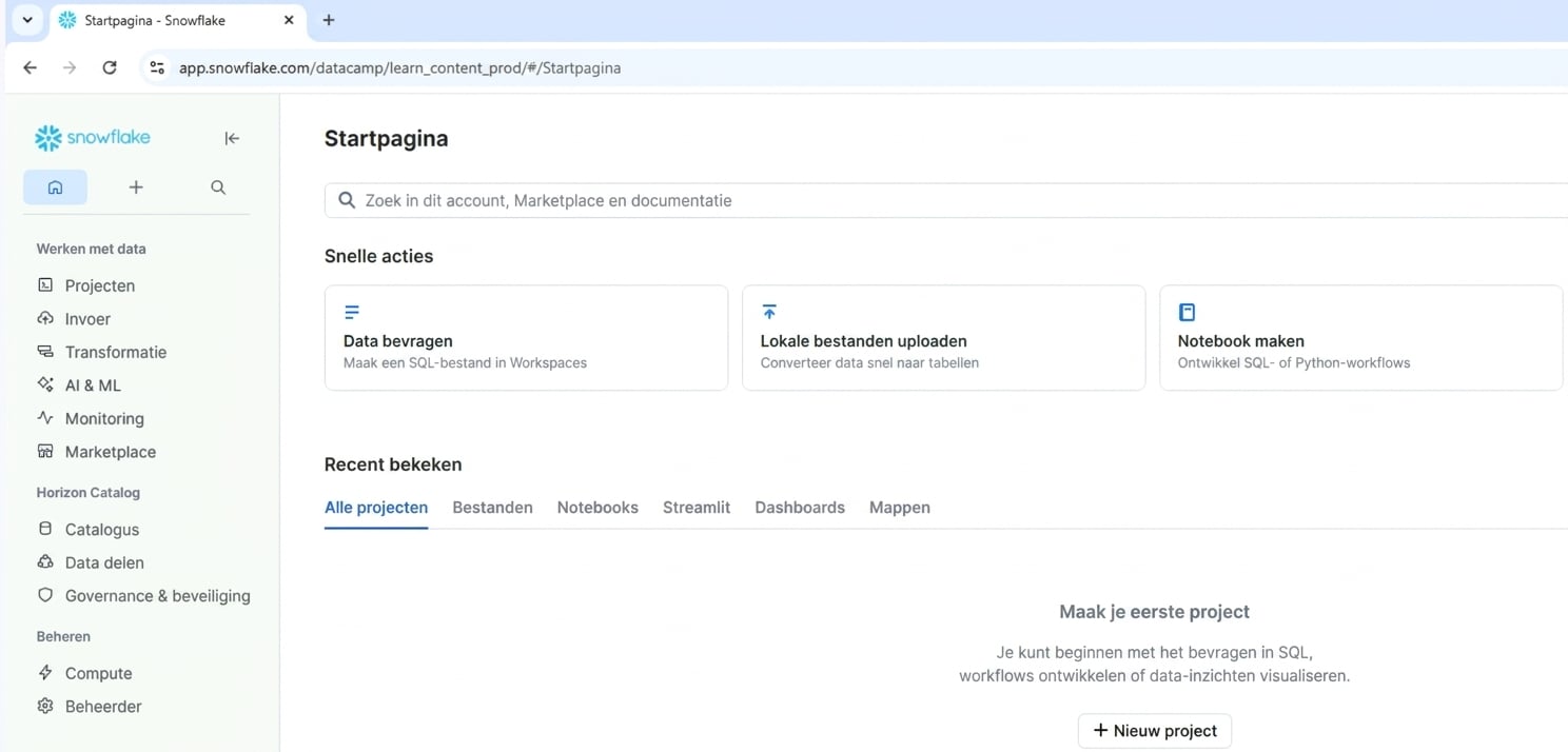 Screenshot van de Snowsight-UI