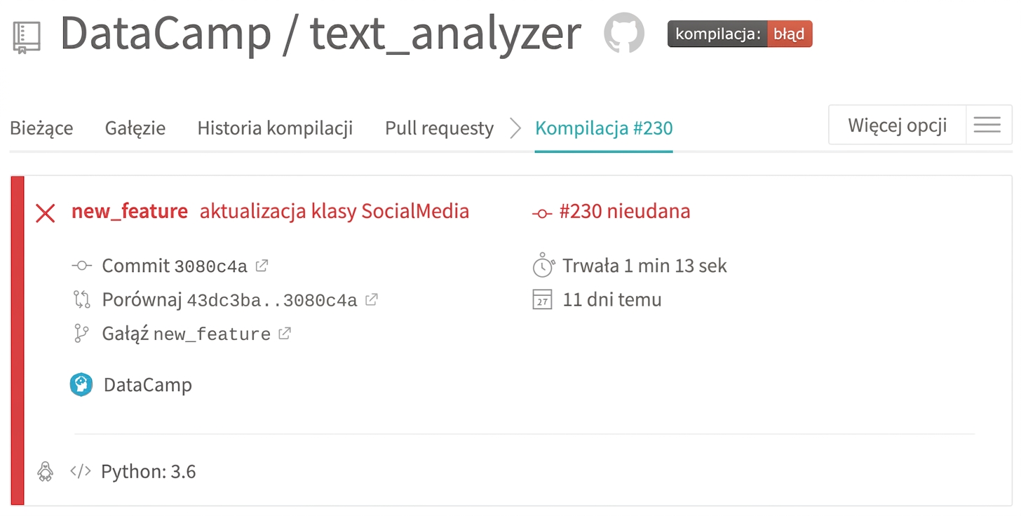 Przykładowy wynik Travis – niepowodzenie