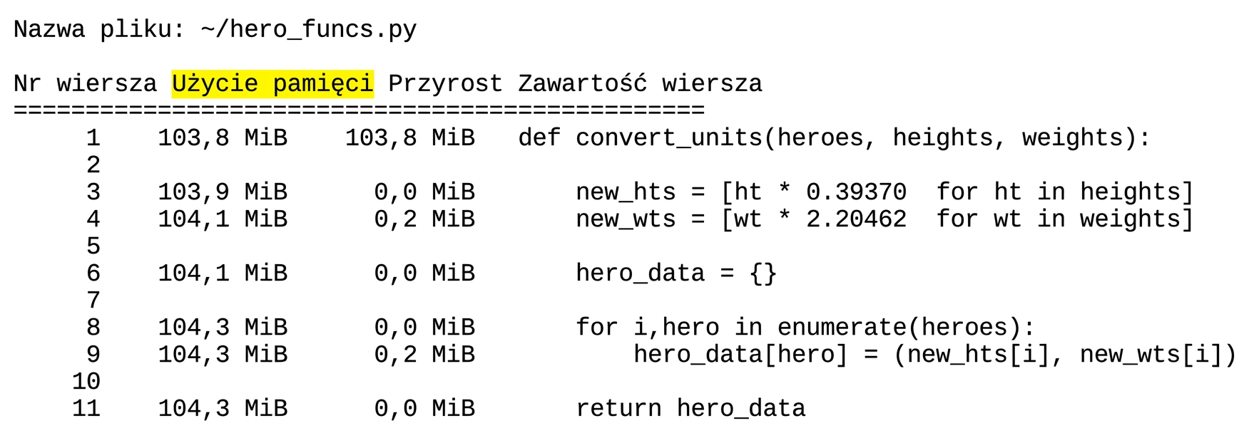 alt="Tabelaryczny wynik polecenia magicznego mprun z podsumowaniem statystyk profilowania pamięci z wyróżnioną kolumną Mem usage"