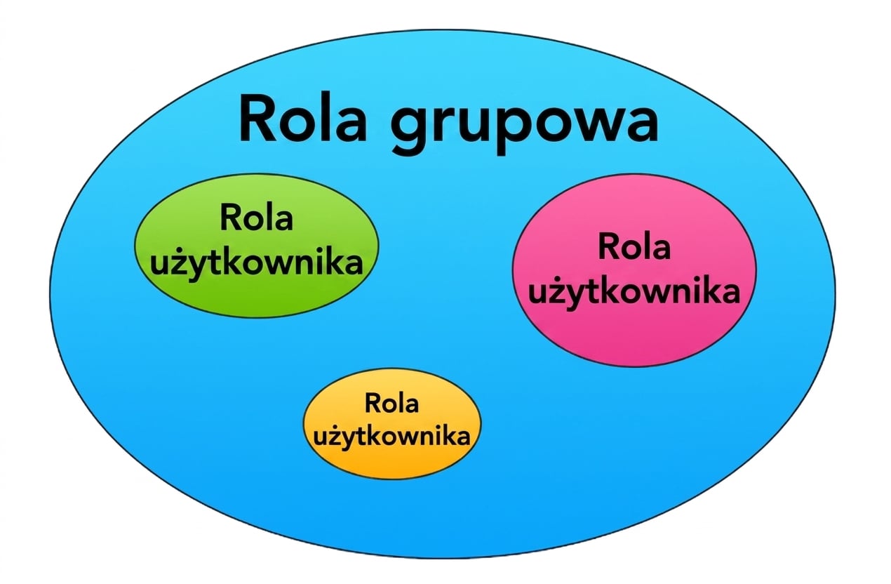 Grafika ról: zewnętrzny okrąg to rola grupowa, trzy wewnętrzne okręgi to role użytkowników