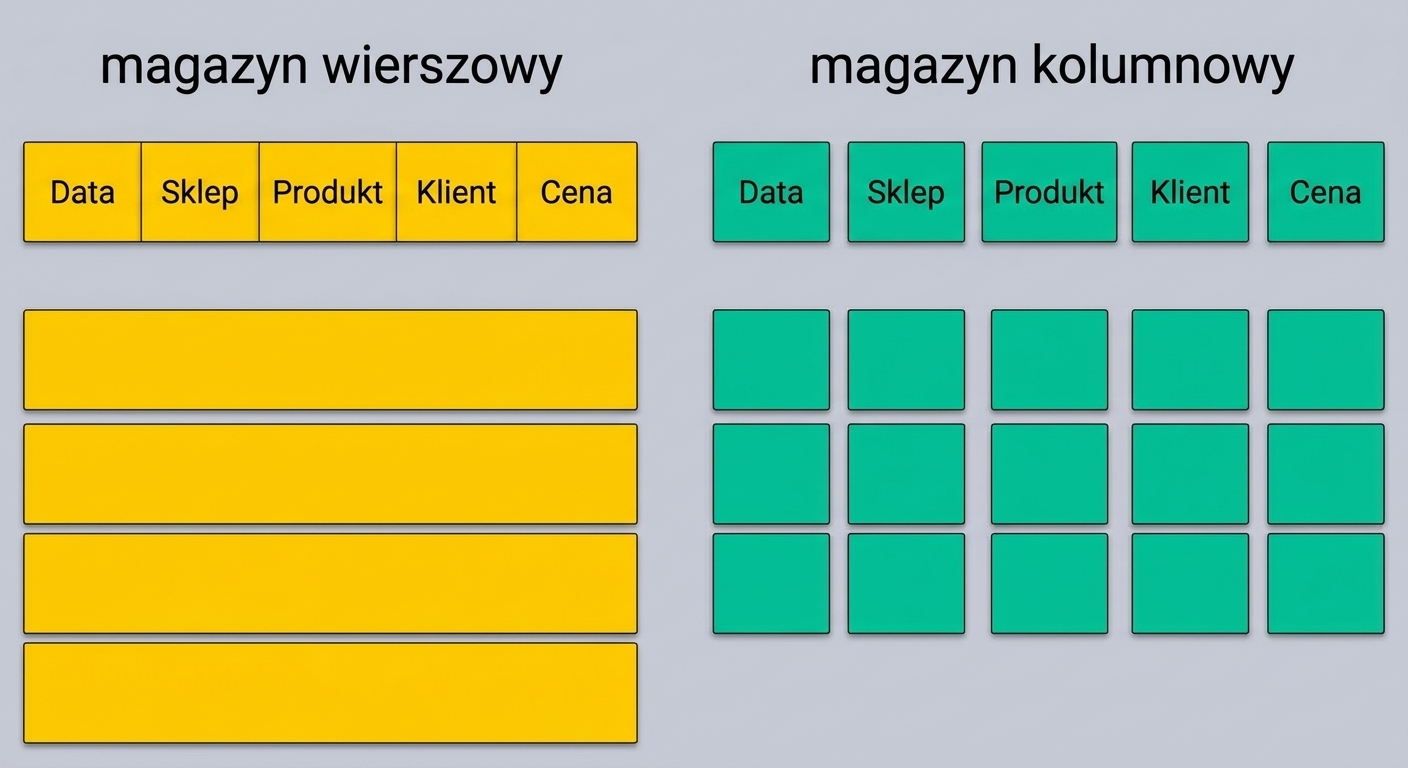 Diagram porównujący przechowywanie danych w modelu wierszowym i kolumnowym