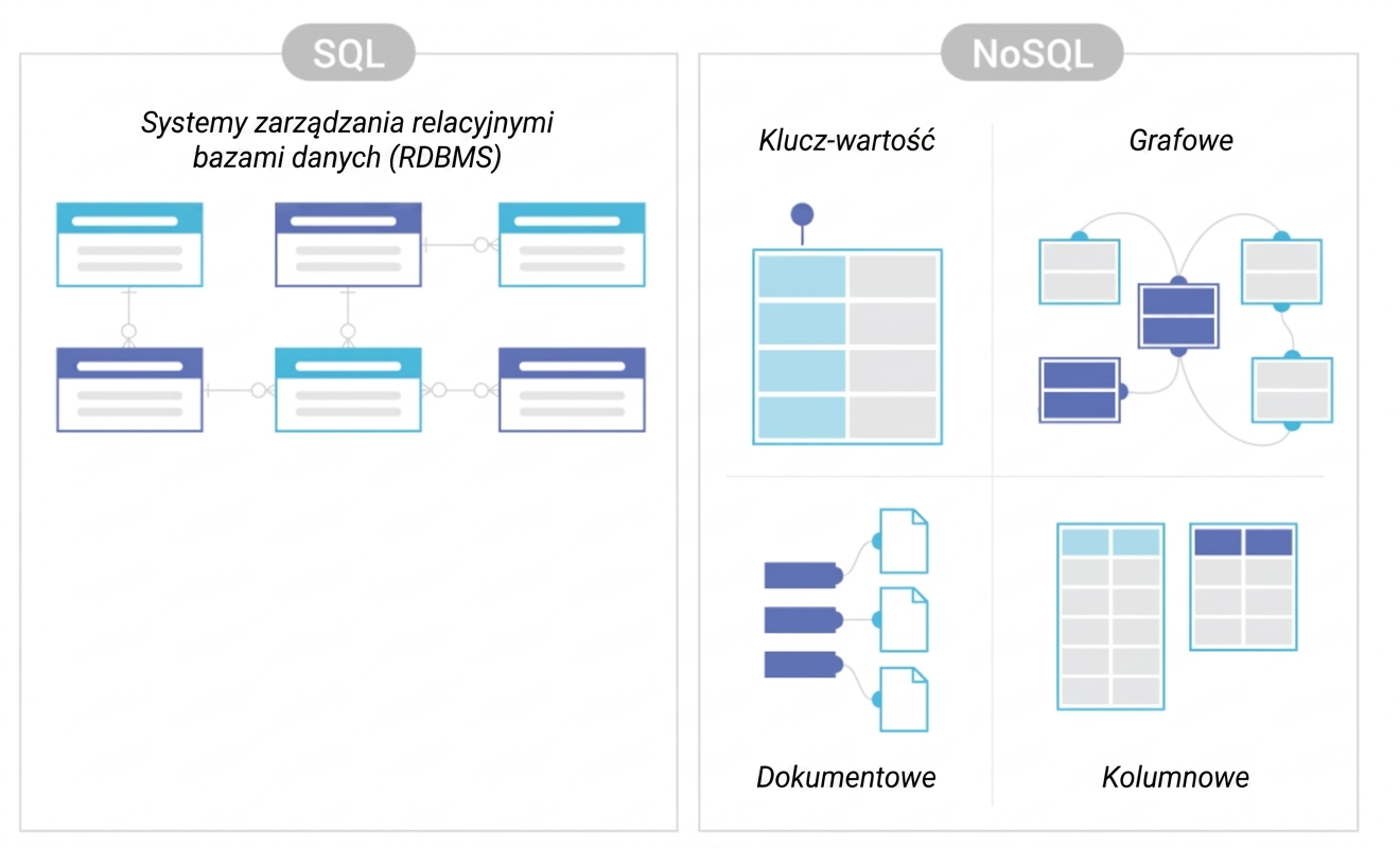 Diagram porównujący przechowywanie danych w DBMS SQL i NoSQL