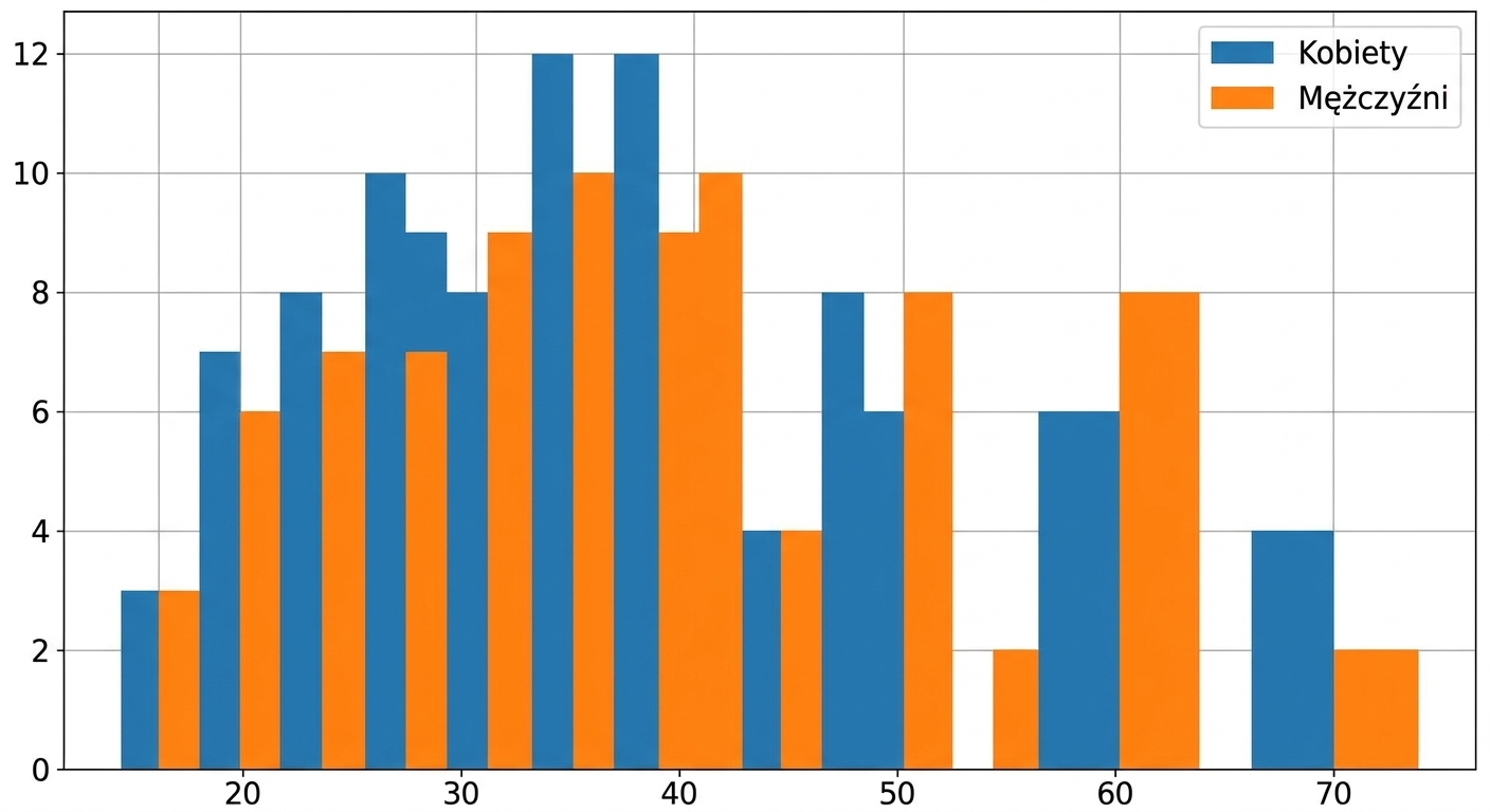 Ten sam wykres z dwoma histogramami, ale teraz półprzezroczystymi. Dzięki temu widoczne są słupki histogramu samic zasłonięte wcześniej przez histogram samców.