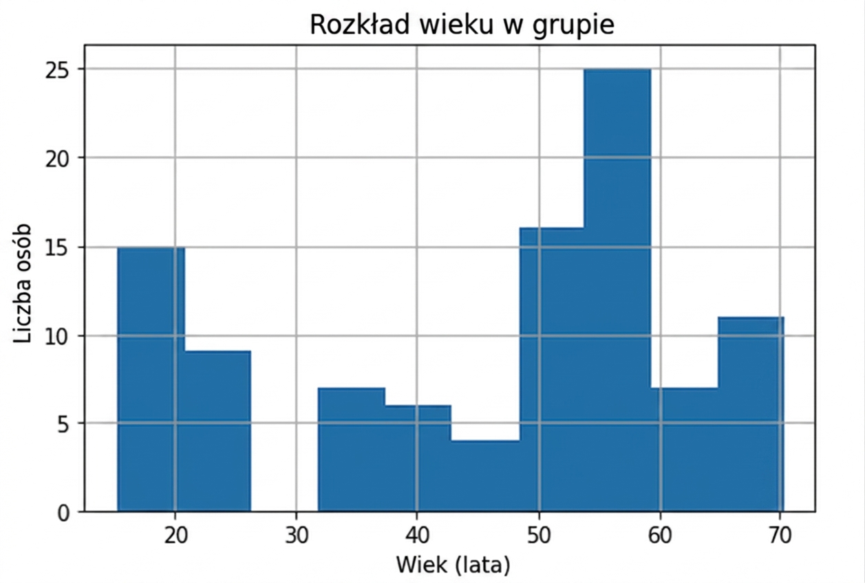 Histogram wzrostu psów. Najniższe psy mają poniżej 20 cm, najwyższe — 70 cm. Najpopularniejszy przedział wzrostu to 50–60 cm.