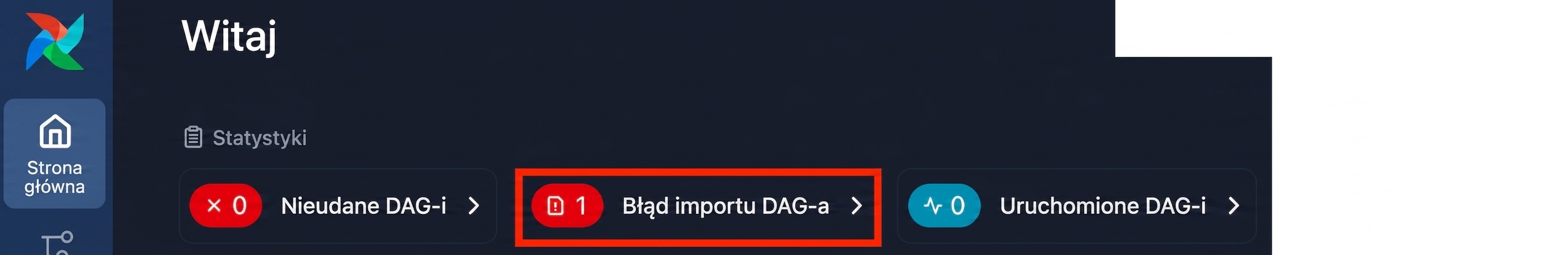 Strona startowa Airflow z alertem o błędzie importu DAG-u