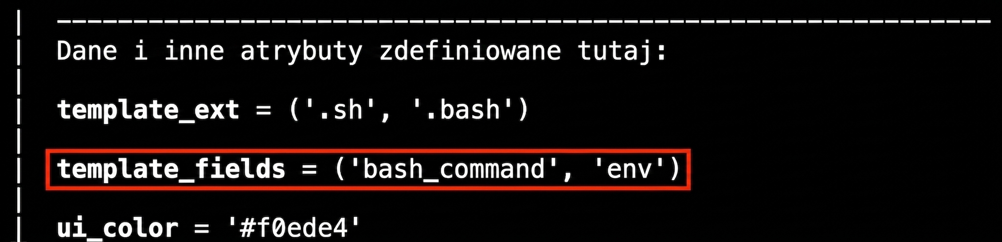 Wynik terminala z wyróżnionym wierszem template_fields w pomocy Airflow