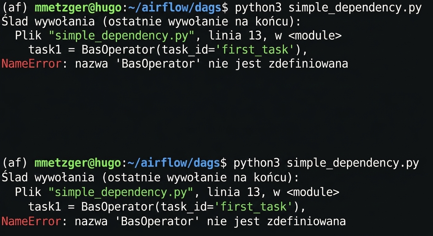 Terminal pokazujący błąd składni Pythona po uruchomieniu pliku DAG poleceniem python3