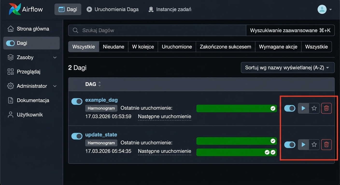 Widok DAG-ów Airflow z wyróżnioną kolumną ostatnich uruchomień