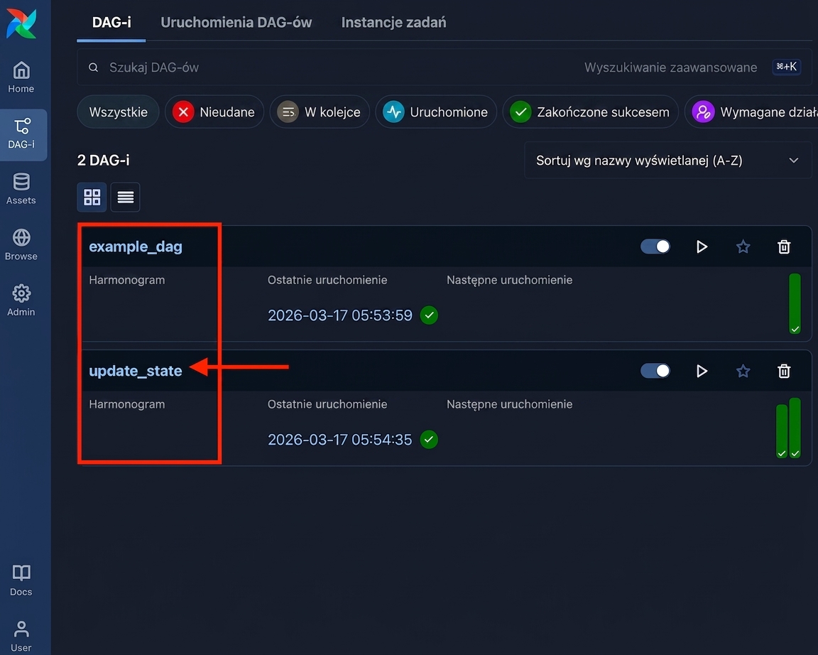 Widok DAG-ów Airflow z wyróżnionym linkiem do DAG-u update_state