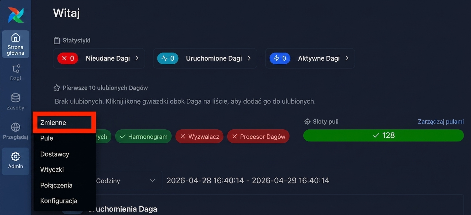 Interfejs Airflow z otwartym menu Admin i widoczną opcją Variables