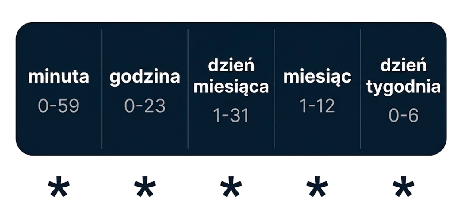 Diagram składni cron z pięcioma polami oddzielonymi spacją