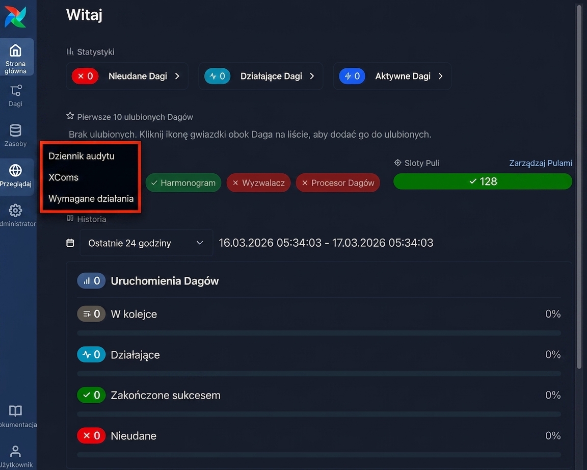 Interfejs Airflow z otwartym menu Browse i opcją dziennika audytu