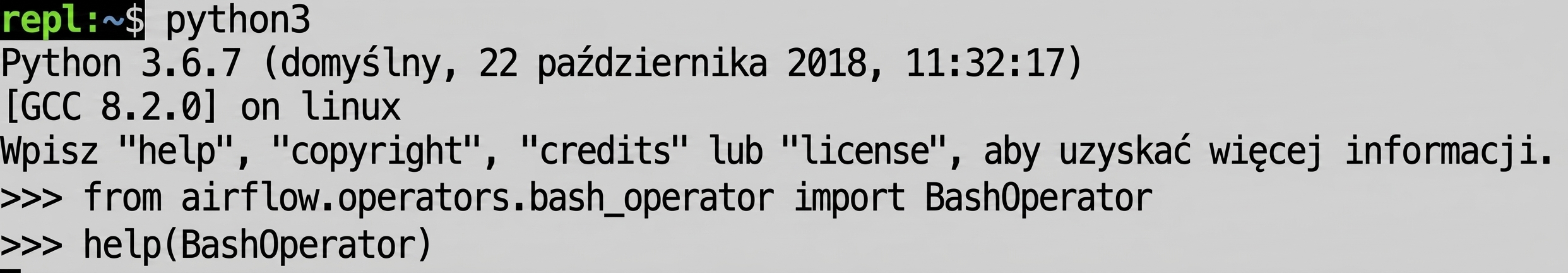 Terminal wyświetlający wynik polecenia help() dla obiektu Airflow w python3