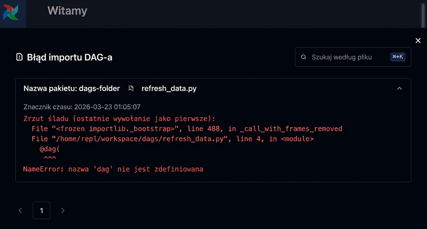 Szczegóły błędu importu z komunikatem traceback DAG-u