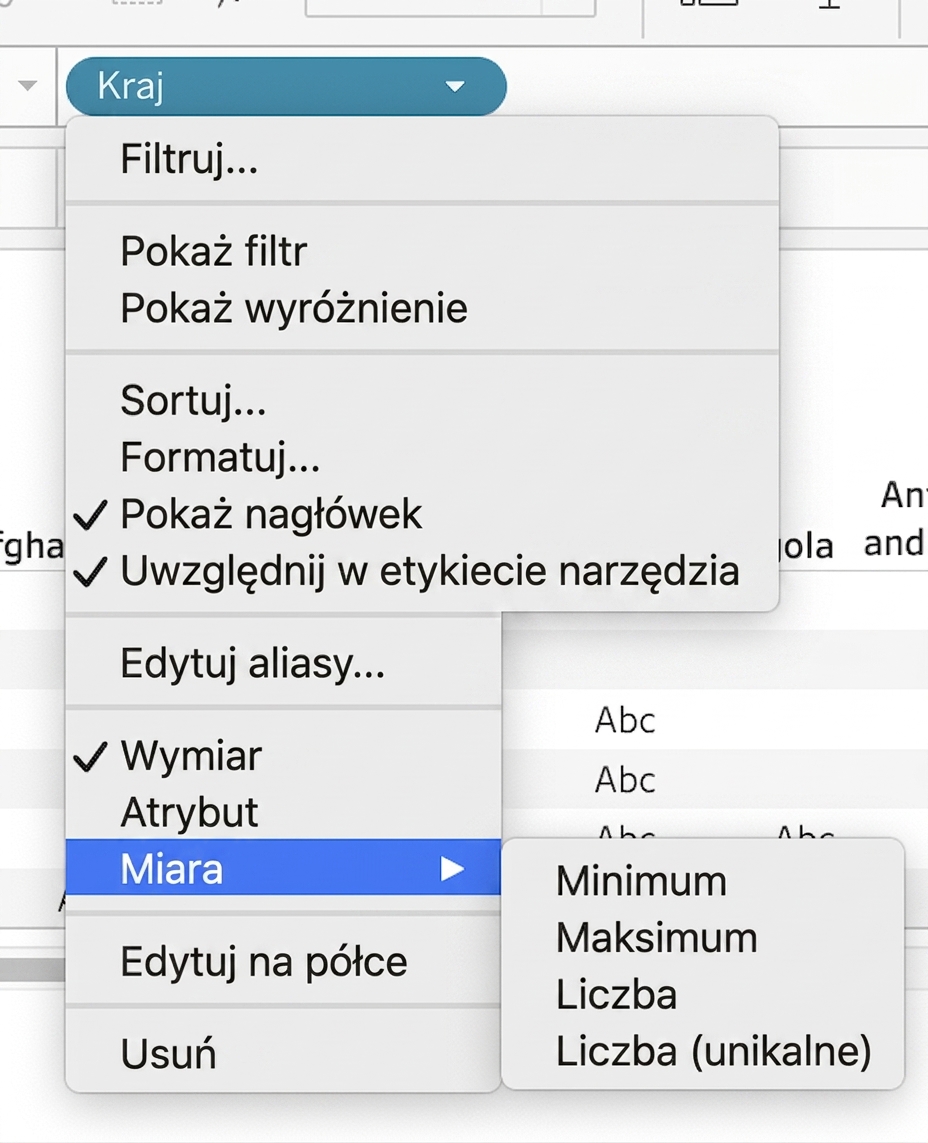 Lista rozwijana Tableau do agregowania wymiarów