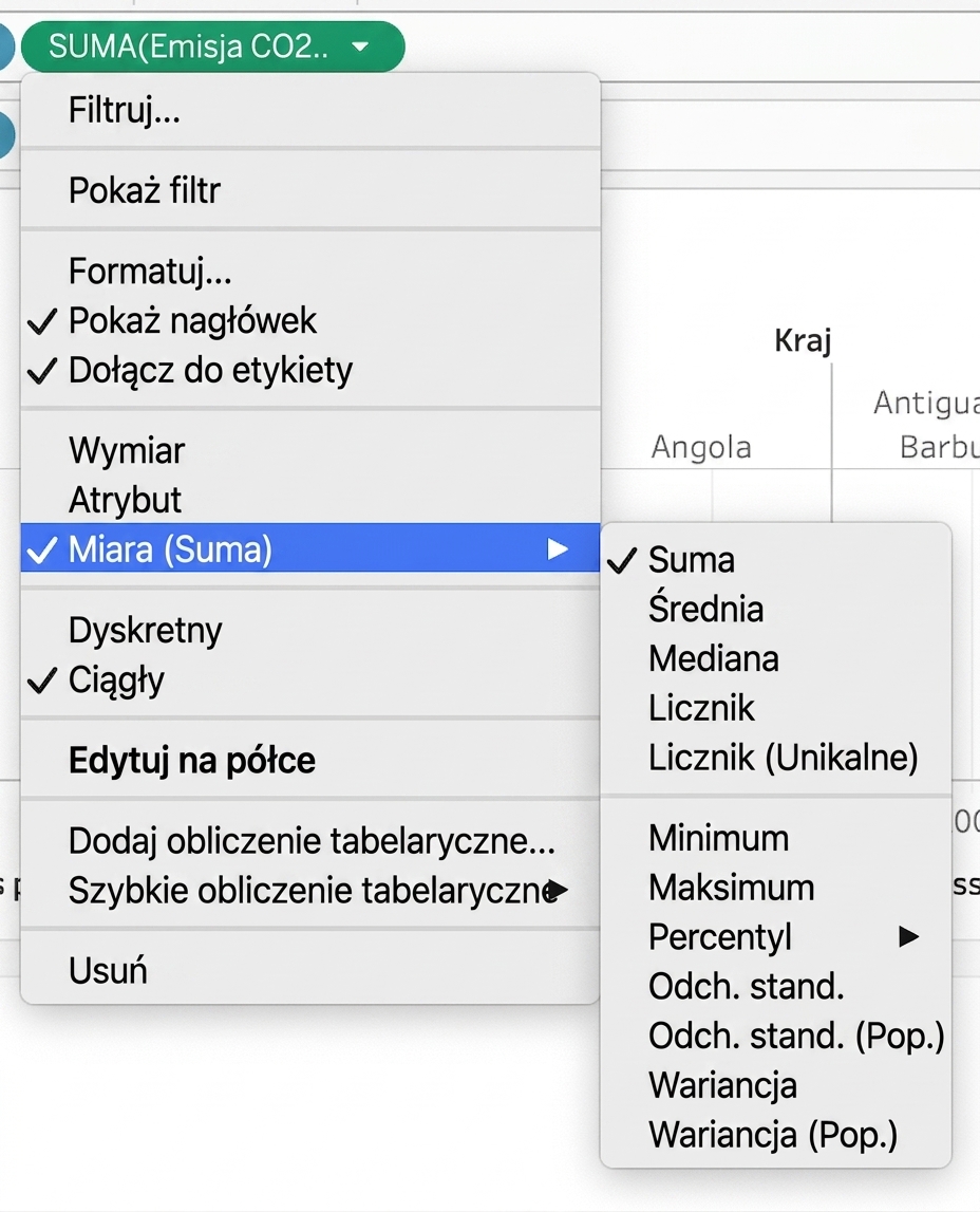 Lista rozwijana Tableau do agregowania miar