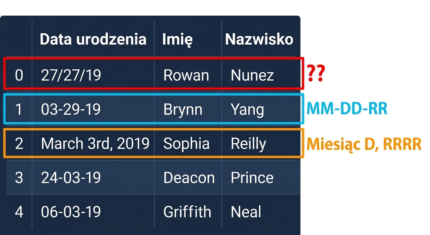 Tabela przedstawiająca wynik zbioru danych urodzin – jeden wiersz zawiera datę w formacie miesiąc, dzień, rok; inny zawiera datę zapisaną słownie; ostatni wiersz zawiera wyraźny błąd – dwukrotne powtórzenie składowej dnia.