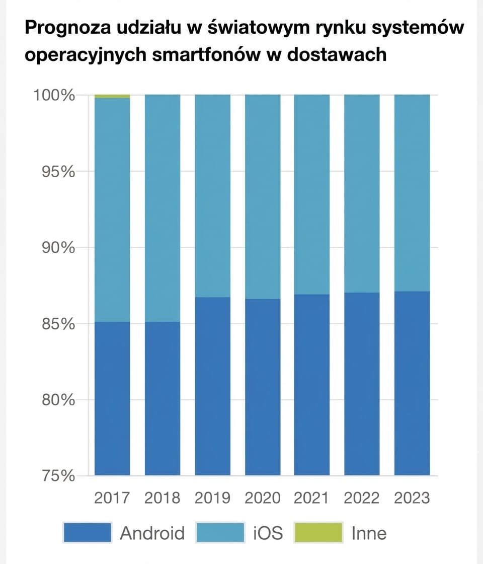 Skumulowany wykres słupkowy firmy marketingowej z prognozami udziałów w rynku mobilnych systemów operacyjnych. Oś Y zaczyna się od 75% zamiast od zera.
