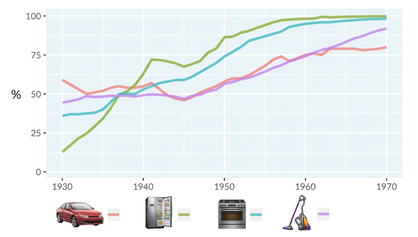 A line plot of technology adoption by households in the United States. The x-axis runs from 1930 to 1970, and the y-axis runs from 0 to 100 percent. There are four lines representing adoption of automobiles, refrigerators, stoves, and vacuums.