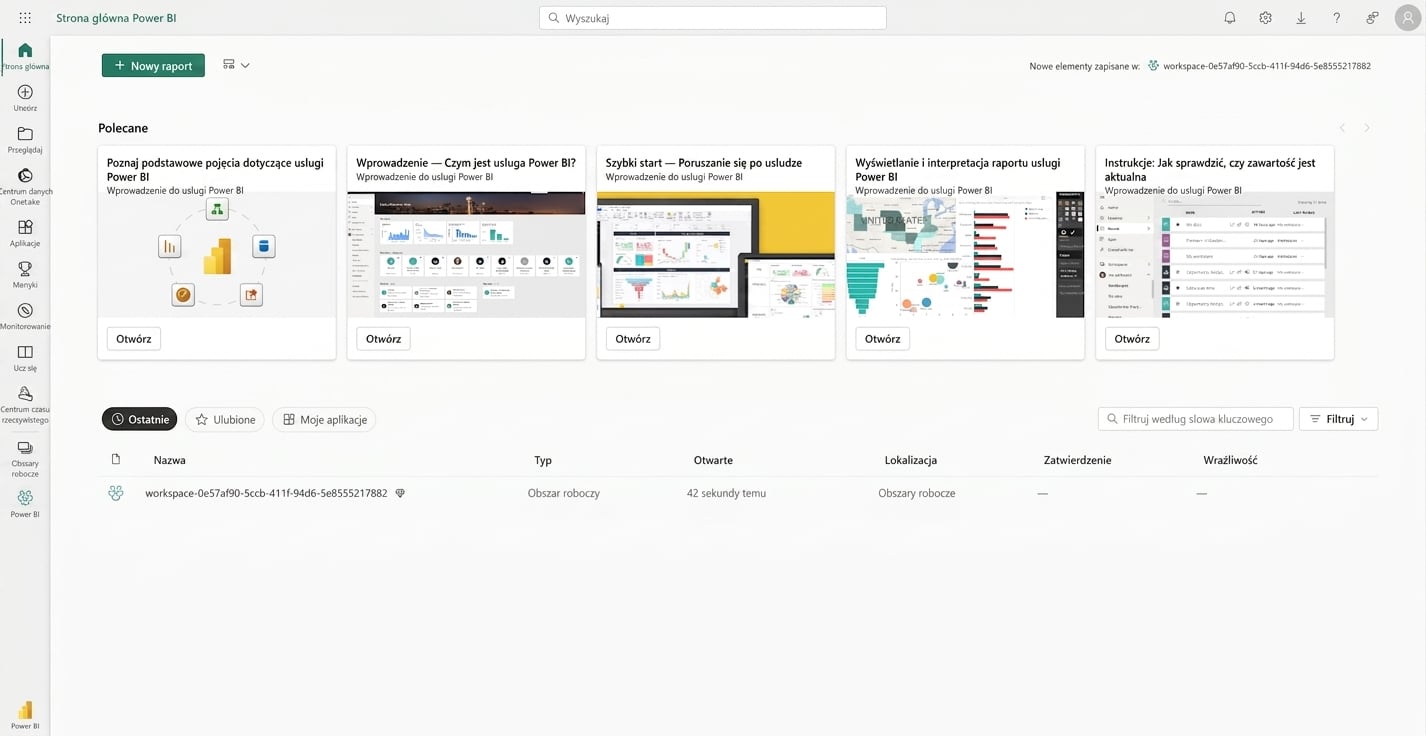 Strona główna po zalogowaniu do Power BI Service