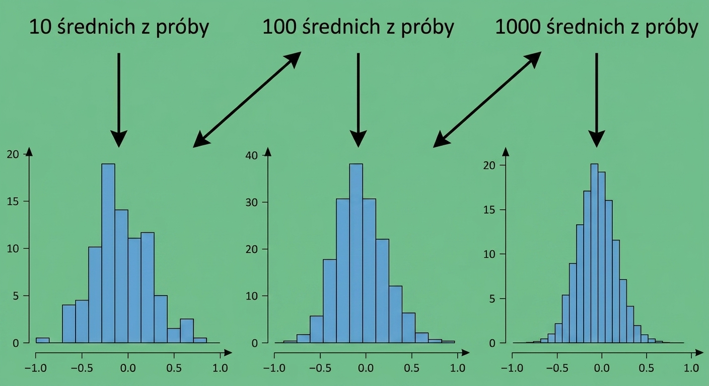 histogramy 10, 100 i 1000 średnich z próby – większa liczba prób daje kształt zbliżony do krzywej dzwonowej