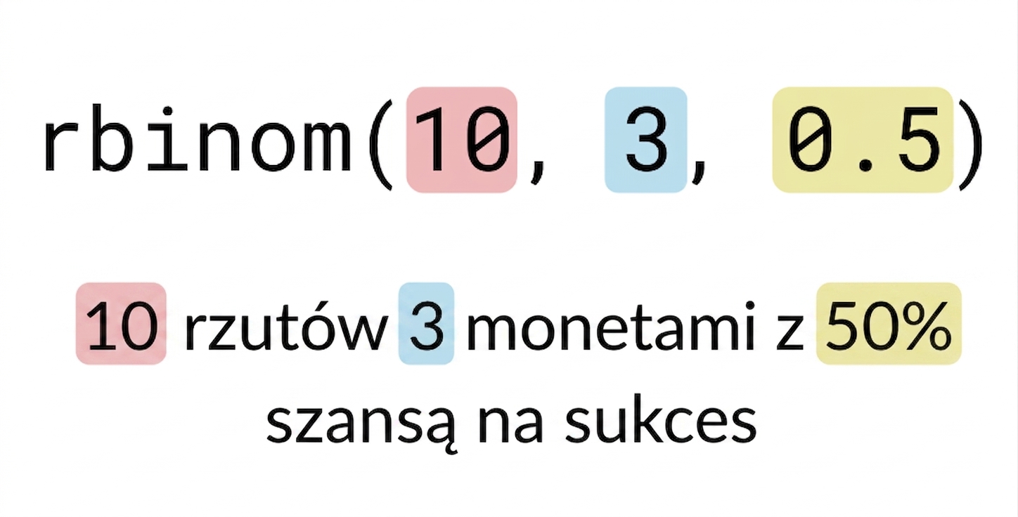 rbinom(10, 3, 0.5) z 10 na czerwono, 3 na niebiesko, 0.5 na żółto. Tekst: 10 (na czerwono) rzutów 3 (na niebiesko) monetami z 50% (na żółto) szansą sukcesu