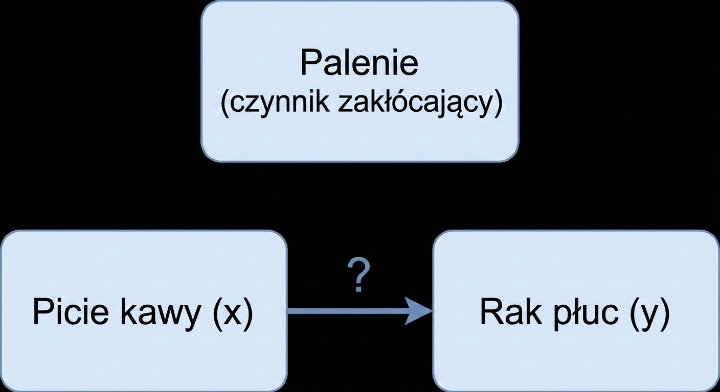 Picie kawy (x) wskazuje na raka płuc (y), palenie (czynnik zakłócający) powyżej