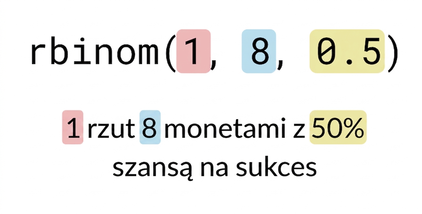 rbinom(1, 8, 0.5) z 1 na czerwono, 8 na niebiesko, 0.5 na żółto. Tekst: 1 (na czerwono) rzut 8 (na niebiesko) monetami z 50% (na żółto) szansą sukcesu