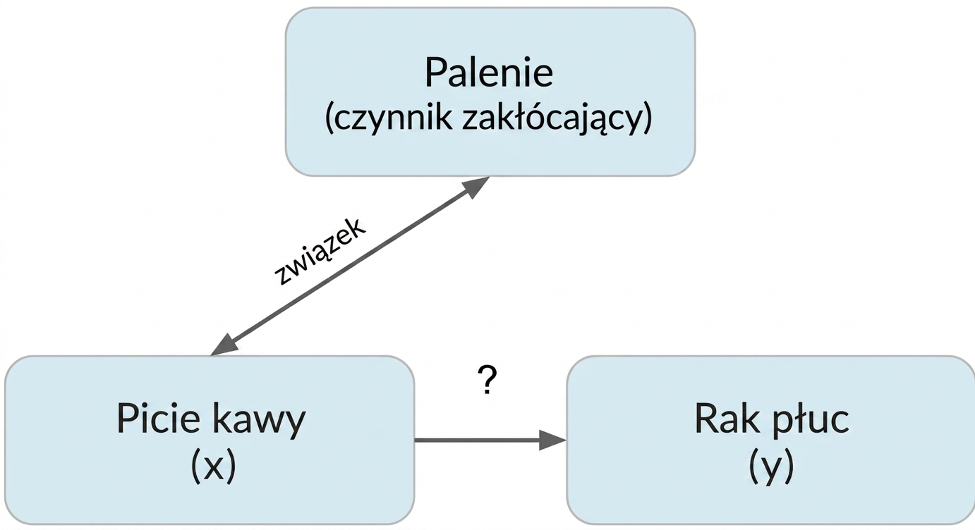 Picie kawy (x) wskazuje na raka płuc (y), palenie (czynnik zakłócający). Dwustronna strzałka między paleniem a piciem kawy, oznaczona "asocjacja".
