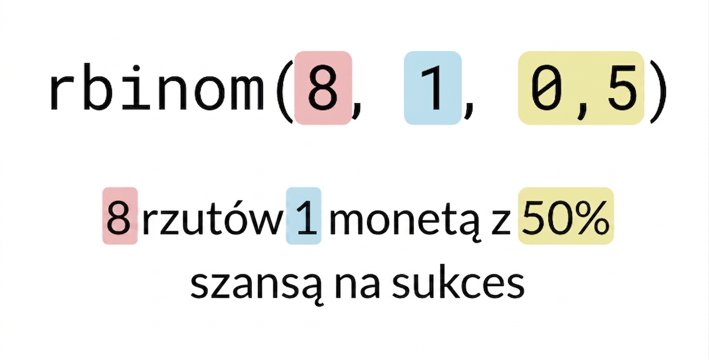 rbinom(8, 1, 0.5) z 8 na czerwono, 1 na niebiesko, 0.5 na żółto. Tekst: 8 (na czerwono) rzutów 1 (na niebiesko) monetą z 50% (na żółto) szansą sukcesu