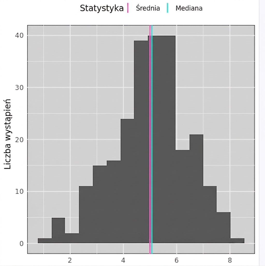 Histogram z danymi o rozkładzie dzwonowym oraz niebieską i czerwoną linią blisko siebie w centrum. Czerwona linia oznacza średnią, niebieska medianę.