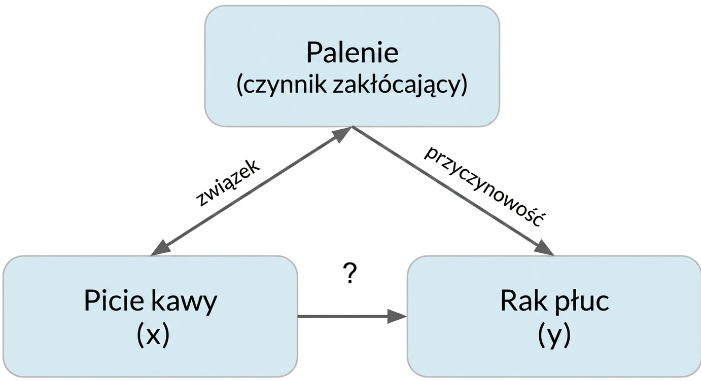 Picie kawy (x) wskazuje na raka płuc (y), palenie (czynnik zakłócający). Dwustronna strzałka między paleniem a piciem kawy, oznaczona "asocjacja". Strzałka od palenia do raka płuc oznaczona "przyczynowość"