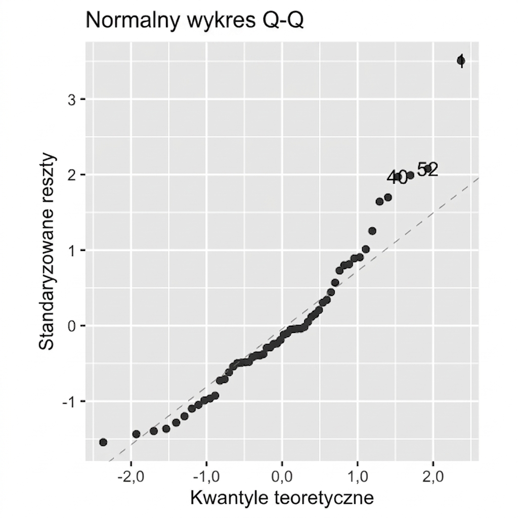 Wykres Q-Q standaryzowanych reszt modelu okonia względem kwantyli teoretycznych. Punkty nie podążają ściśle za linią równości reszt i kwantyli, szczególnie po prawej stronie wykresu.
