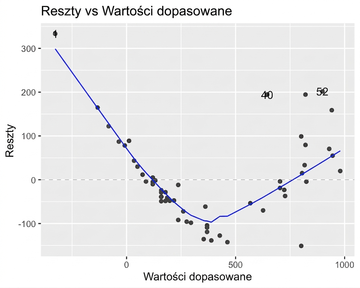 Wykres rozrzutu reszt modelu okonia względem wartości dopasowanych z linią trendu LOESS. Linia trendu tworzy kształt litery V.