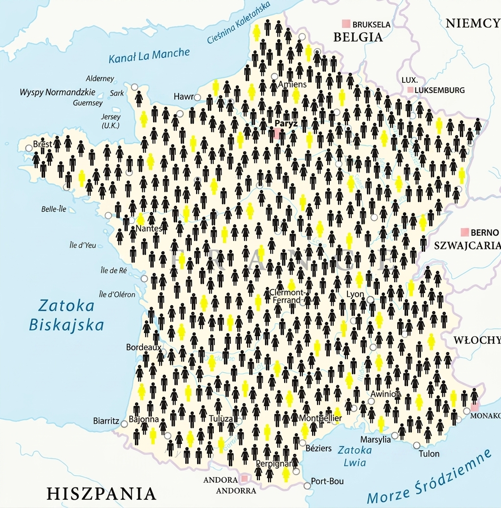 Mapa Francji z ikonami ludzi, niektóre wyróżnione.