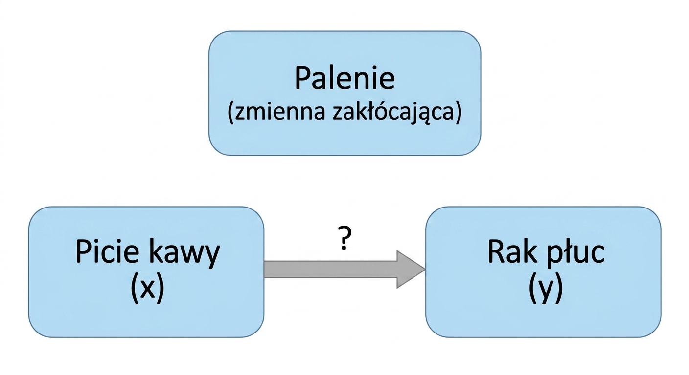 Picie kawy (x) wskazujące na raka płuc (y) z paleniem (zmienna zakłócająca) powyżej