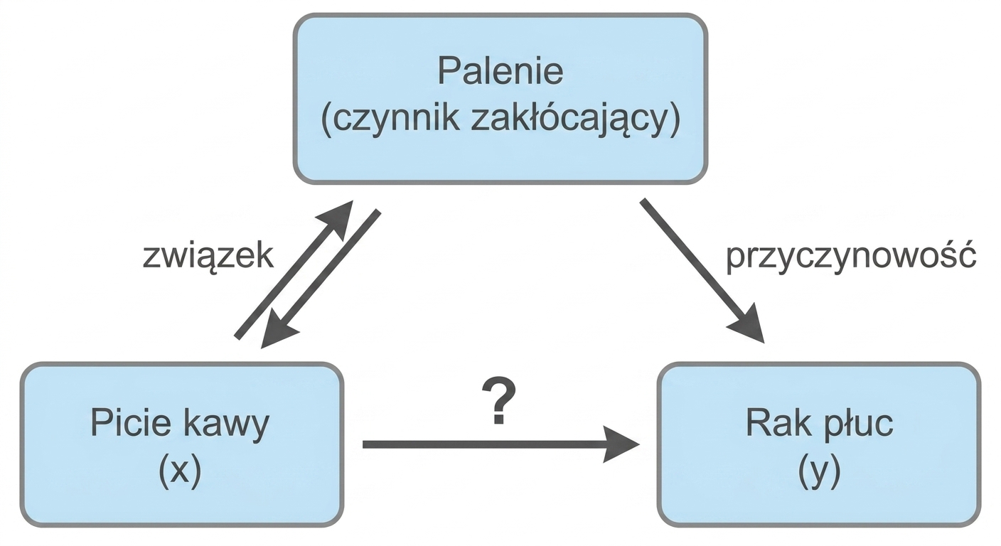 Picie kawy (x) wskazujące na raka płuc (y) z paleniem (zmienna zakłócająca). Dwukierunkowa strzałka między paleniem a piciem kawy, oznaczona "asocjacja". Strzałka od palenia do raka płuc oznaczona "przyczynowość"