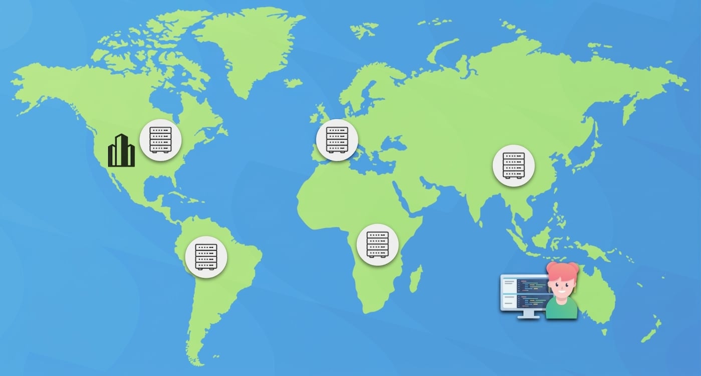 Mapa z globalnymi centrami danych i użytkownikiem w Australii