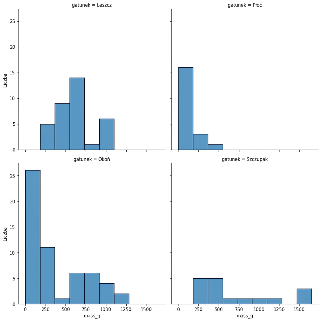 Wielopanelowy histogram liczby ryb w zależności od masy. Każdy panel przedstawia jeden gatunek: leszcza, okonia, szczupaka lub płoć.