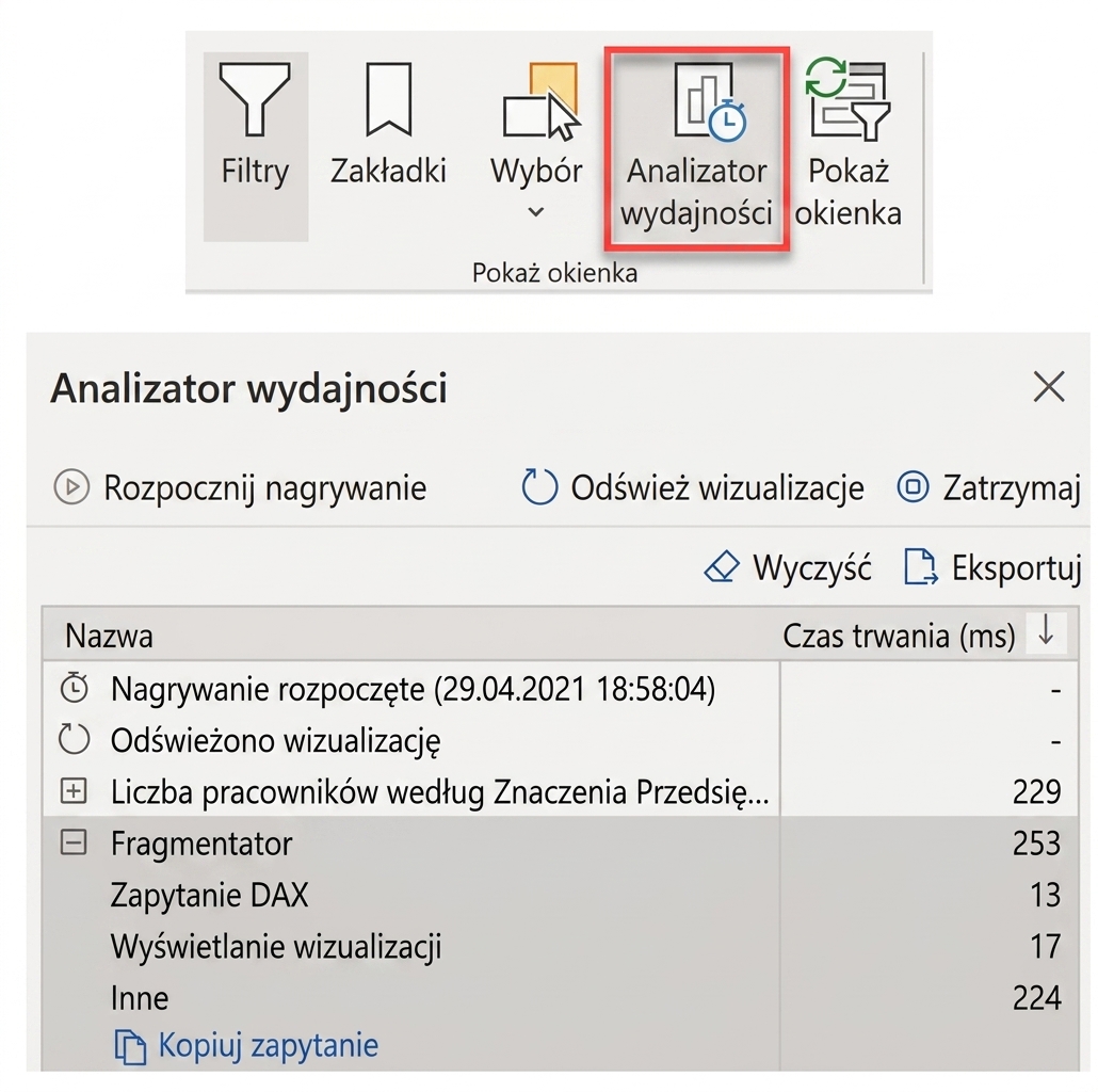 Zrzuty ekranu analizatora wydajności w Power BI