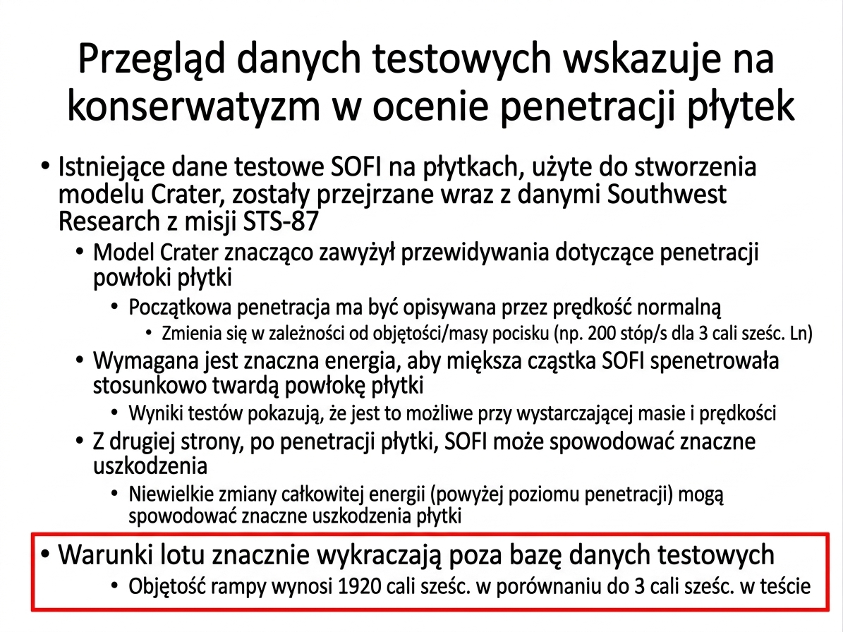 slajd z ostrzeżeniem o niebezpiecznym locie wahadłowca