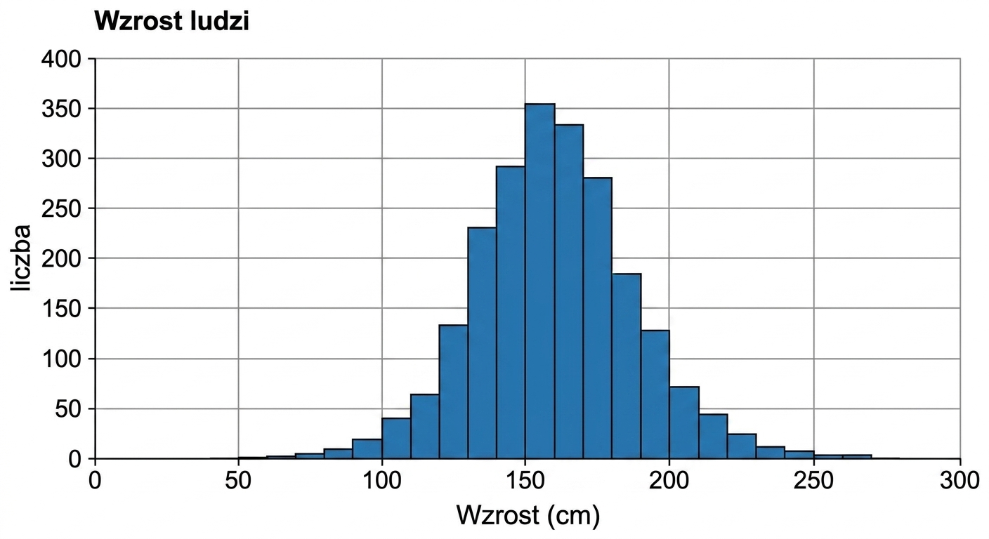 Histogram wzrostu osób z wartościami na osi x i liczbą obserwacji na osi y. Histogram jest wąski, niemal iglasty, przy małym odchyleniu standardowym.