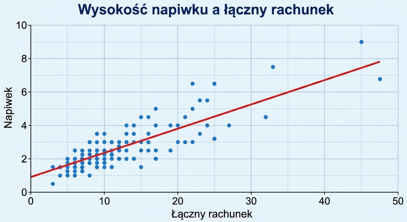 Wykres punktowy z osią x „Total Bill" i osią y „Tip". Czerwona linia przechodzi przez skupisko punktów, wskazując ogólny trend rosnący.