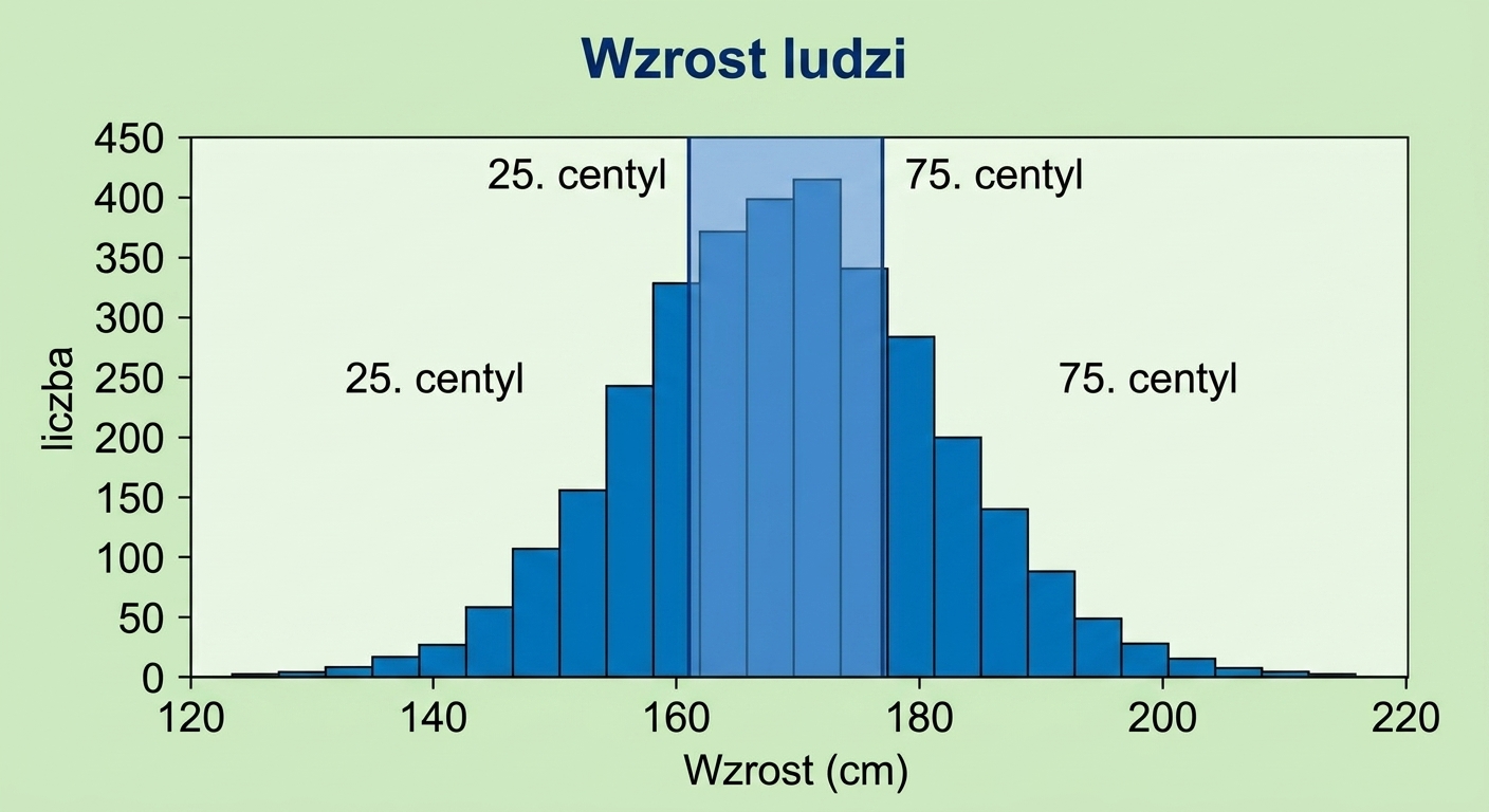 Histogram wzrostu osób z wartościami na osi x i liczbą obserwacji na osi y. Dwa zielone obszary: od 25. percentyla do lewej i od 75. percentyla do prawej strony.