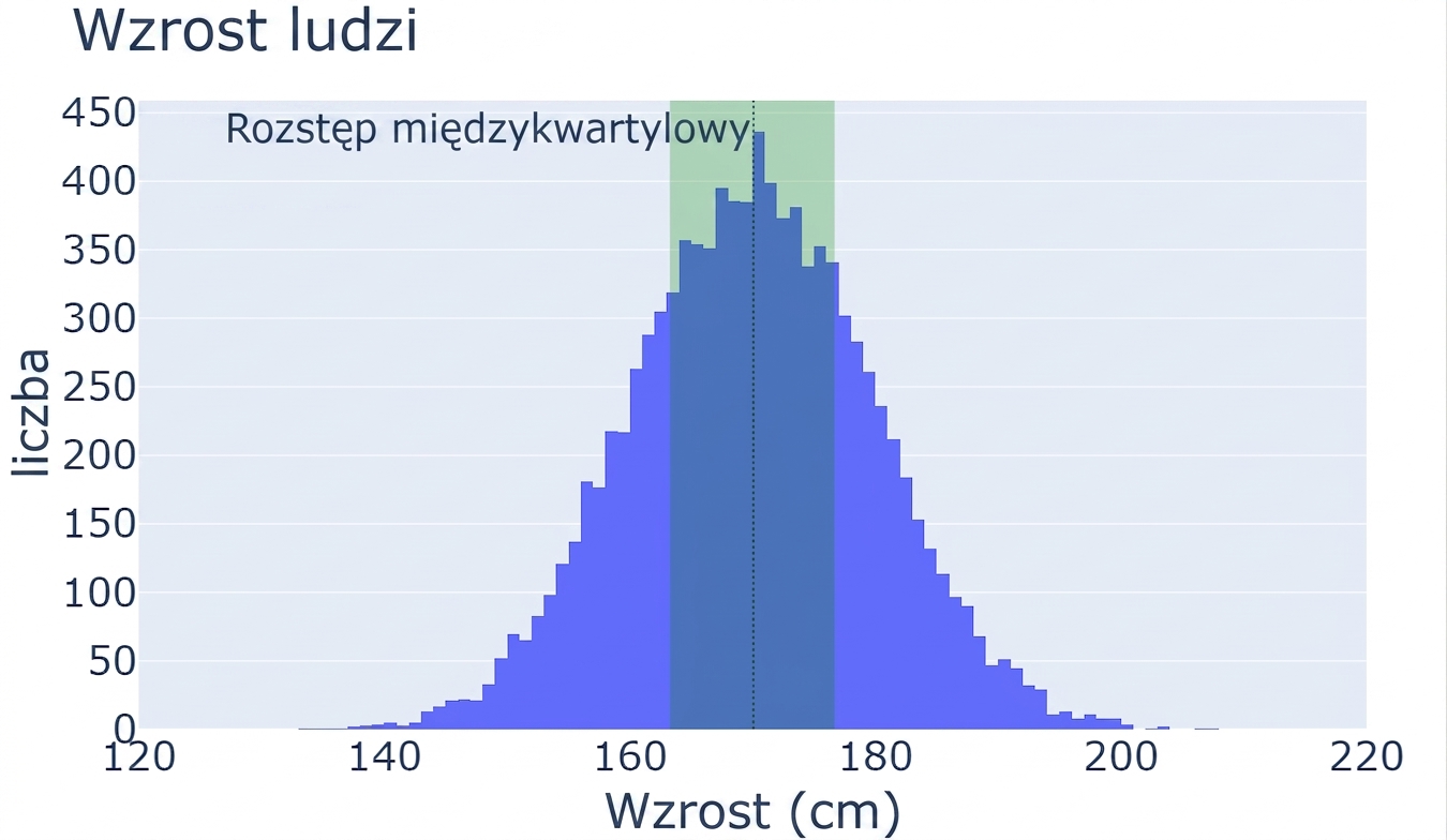 Histogram wzrostu osób z wartościami na osi x i liczbą obserwacji na osi y. Zielony obszar od 25. do 75. percentyla reprezentuje rozstęp ćwiartkowy.