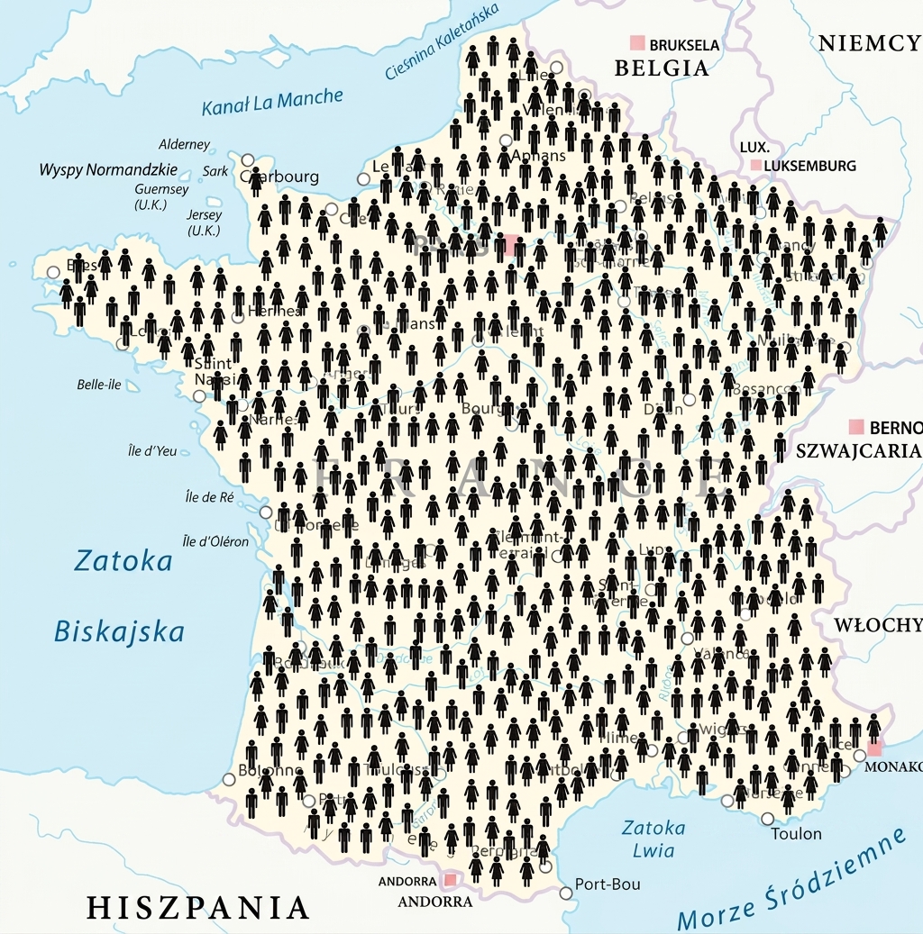 Mapa Francji z ikonami ludzi.