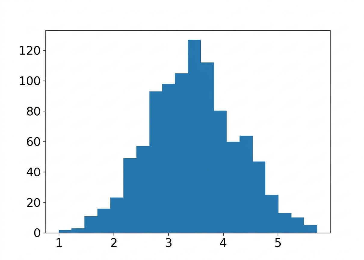 Histogram przybliżonego rozkładu próbkowania średnich wyników rzutów kostką.
